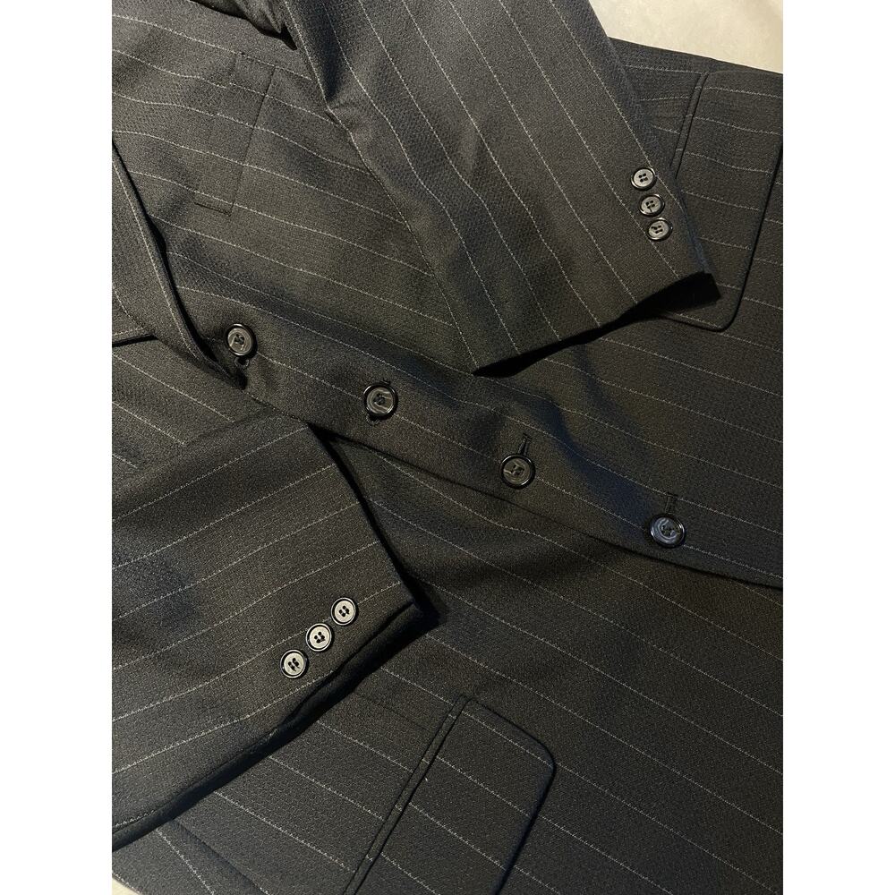 Vintage Franco Lanzetti Mens 46R 38x29 Black Gray Banker's Stripe 4 Btn Suit - Picture 6 of 16